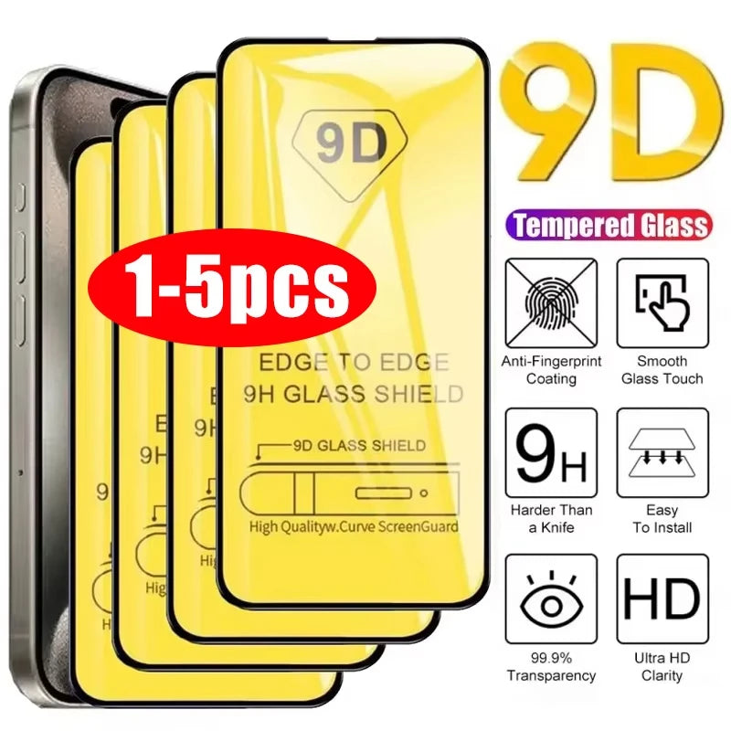 9D Full Cover Tempered Glass Screen Protector for iPhone – 1 to 5 Pack for iPhone X to 17 Pro Max