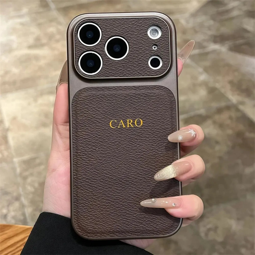Personalised Gold & Silver Initials Leather iPhone Case – Luxury Lens Protection for iPhone 13 to 17 Pro Max Air