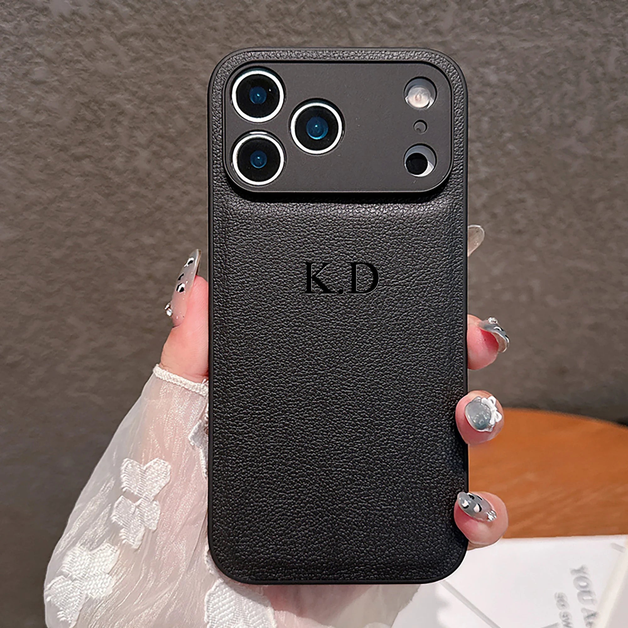 Personalized Luxury Custom Name iPhone Case – 3D Hot Engraved Faux Leather Cover for iPhone 13 to 17 Pro Max