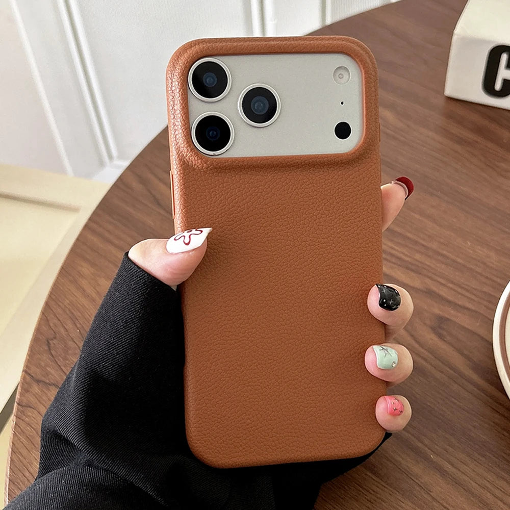 Luxury Leather Texture Shockproof iPhone Case – Soft TPU Cover for iPhone 11 to 17 Pro Max Air