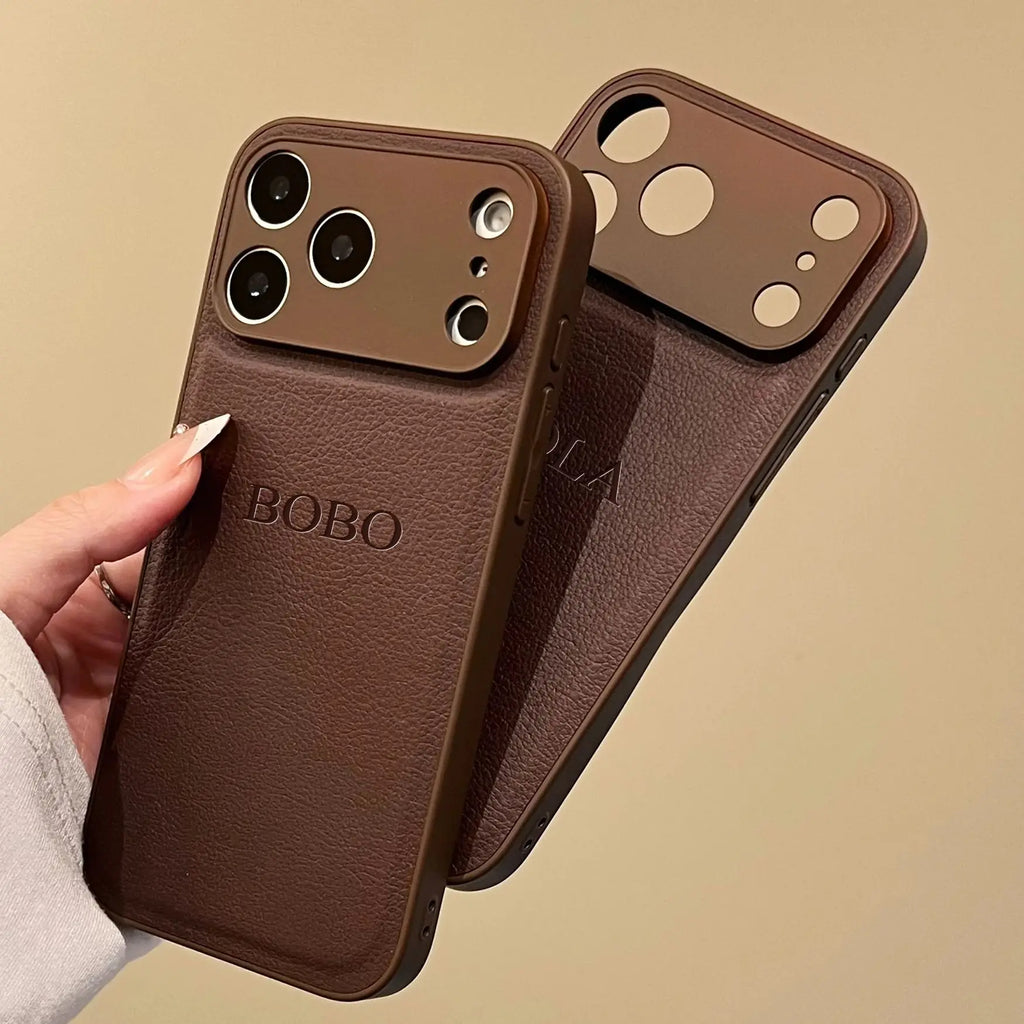 Personalized Luxury Custom Name iPhone Case – 3D Hot Engraved Faux Leather Cover for iPhone 13 to 17 Pro Max