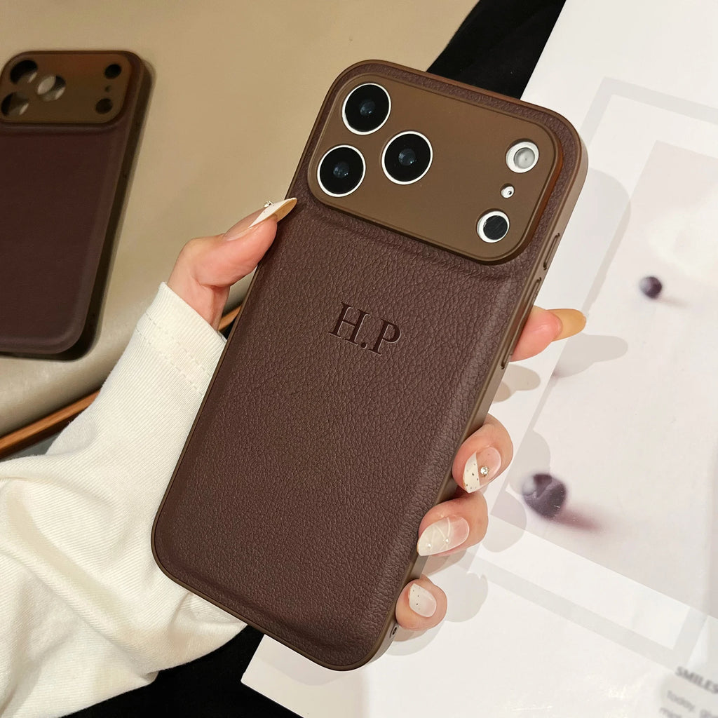 Personalized Luxury Custom Name iPhone Case – 3D Hot Engraved Faux Leather Cover for iPhone 13 to 17 Pro Max