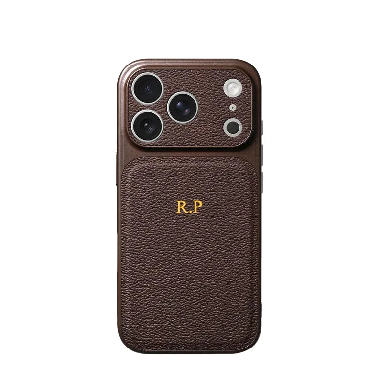 Personalised Gold & Silver Initials Leather iPhone Case – Luxury Lens Protection for iPhone 13 to 17 Pro Max Air