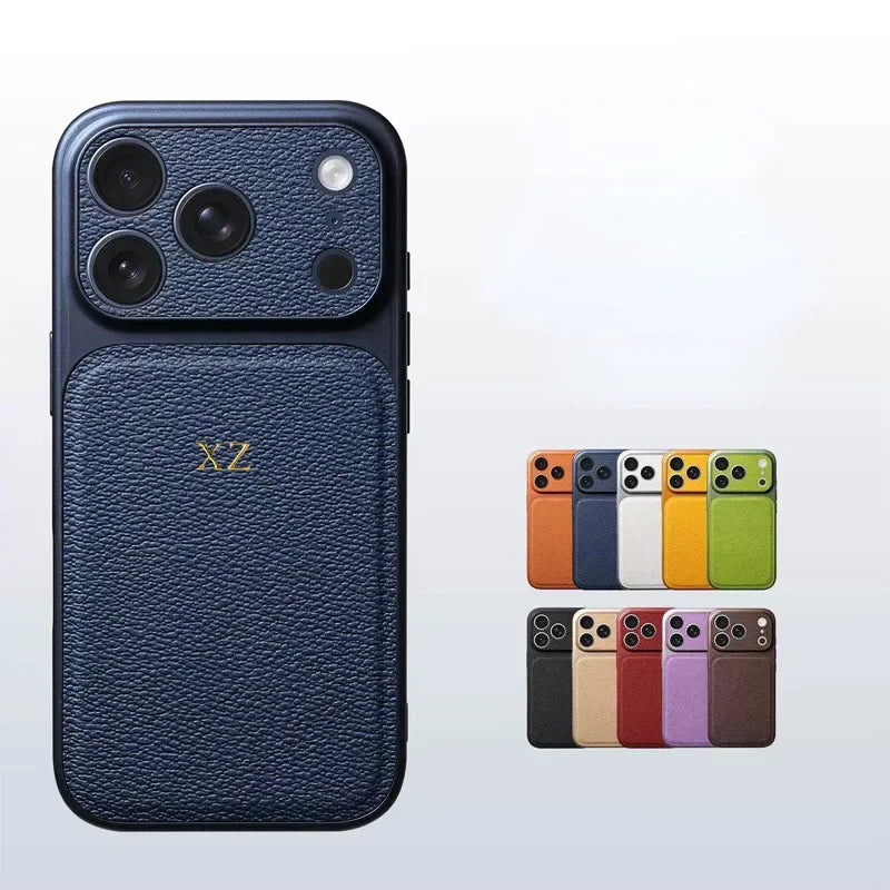 Personalised Gold & Silver Initials Leather iPhone Case – Luxury Lens Protection for iPhone 13 to 17 Pro Max Air