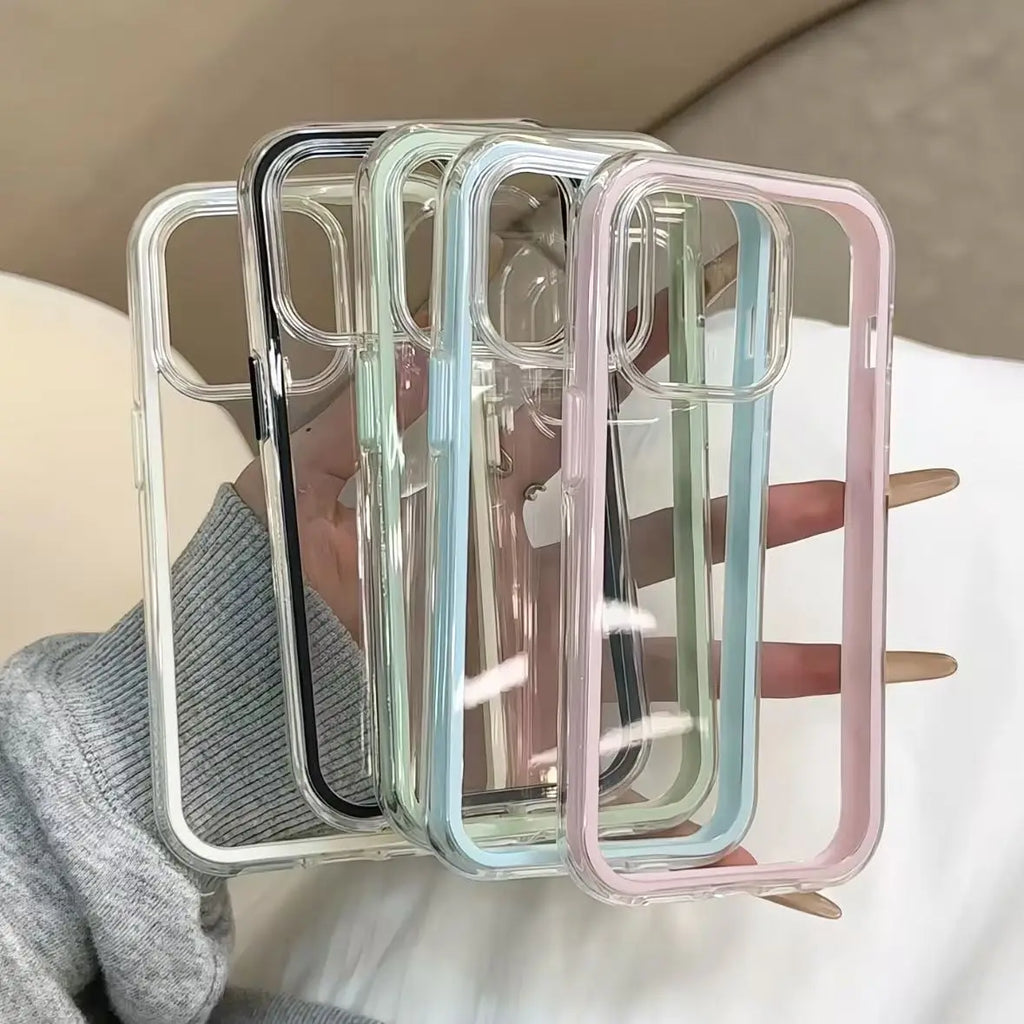 Luxury Candy Color Frame Clear Back iPhone Case – Shockproof Acrylic Bumper Cover for iPhone 11 to 17 Pro Max
