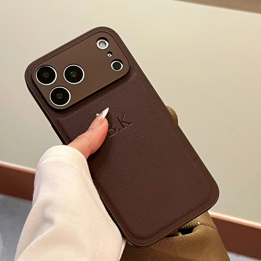 Personalized Luxury Custom Name iPhone Case – 3D Hot Engraved Faux Leather Cover for iPhone 13 to 17 Pro Max
