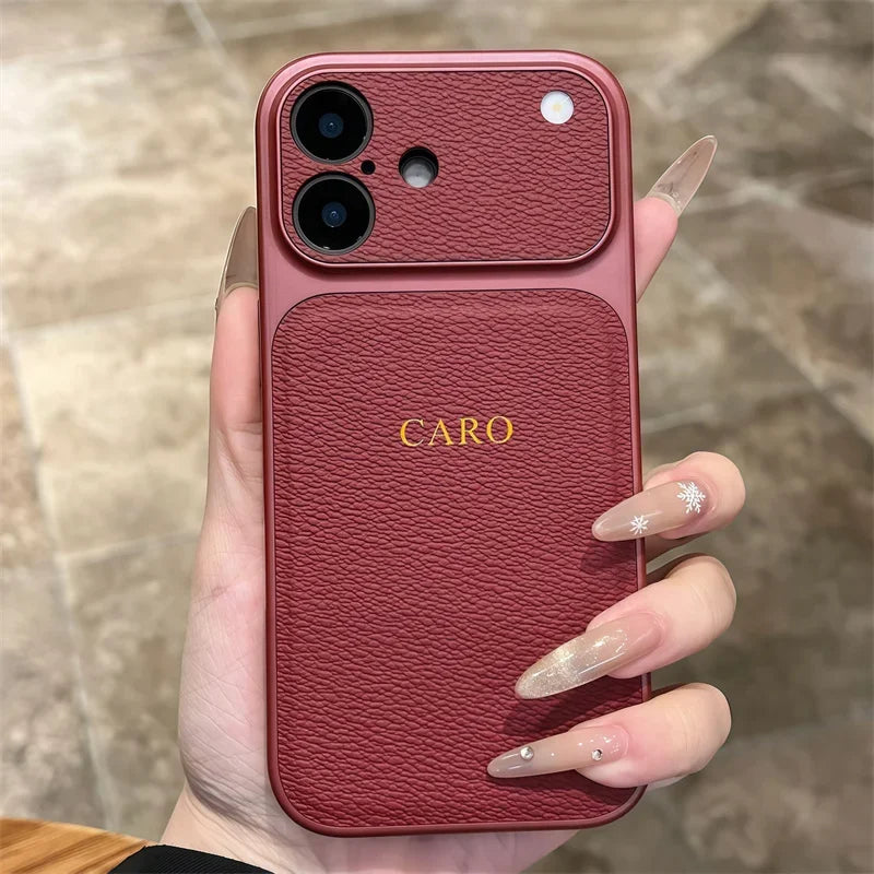 Personalised Gold & Silver Initials Leather iPhone Case – Luxury Lens Protection for iPhone 13 to 17 Pro Max Air