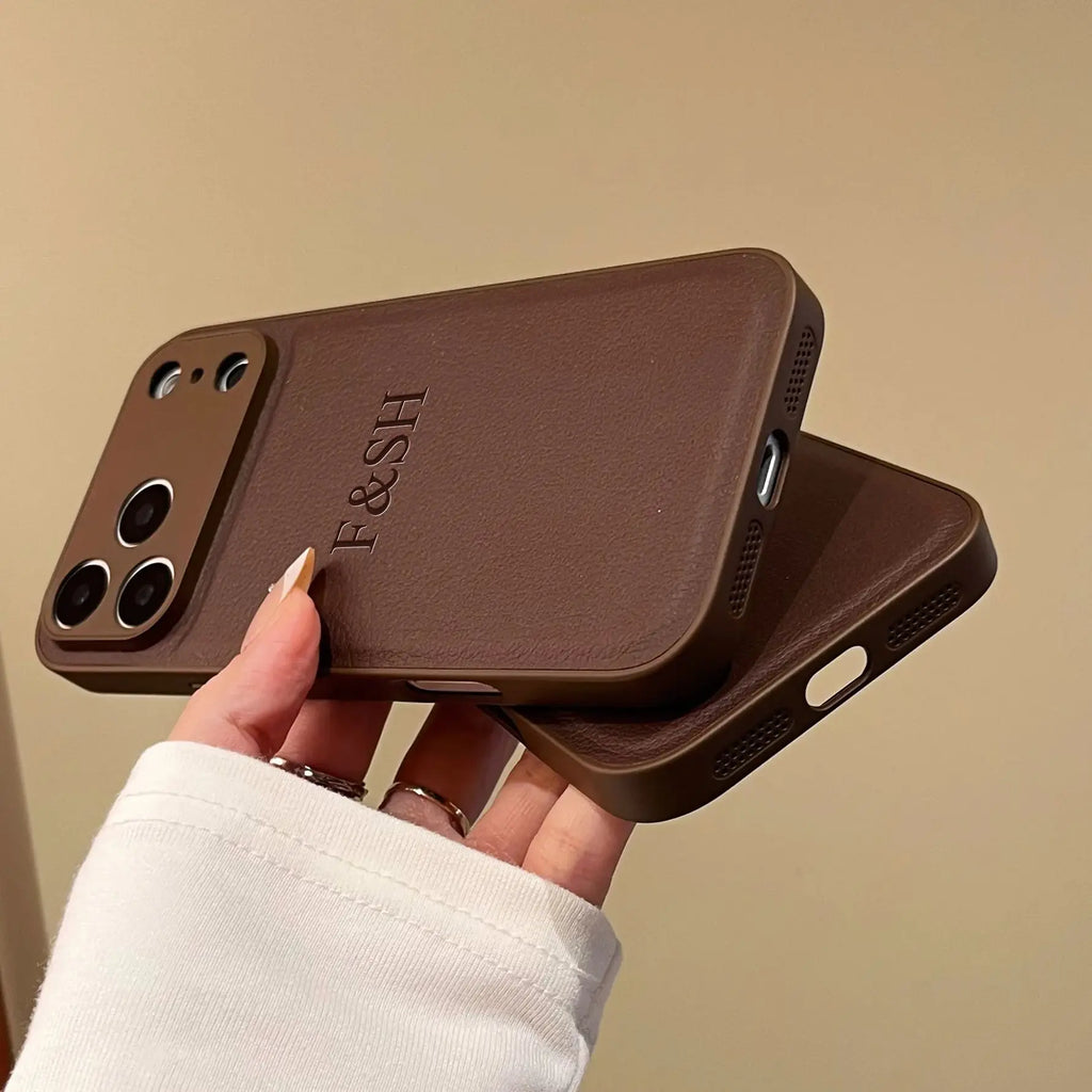 Personalized Luxury Custom Name iPhone Case – 3D Hot Engraved Faux Leather Cover for iPhone 13 to 17 Pro Max