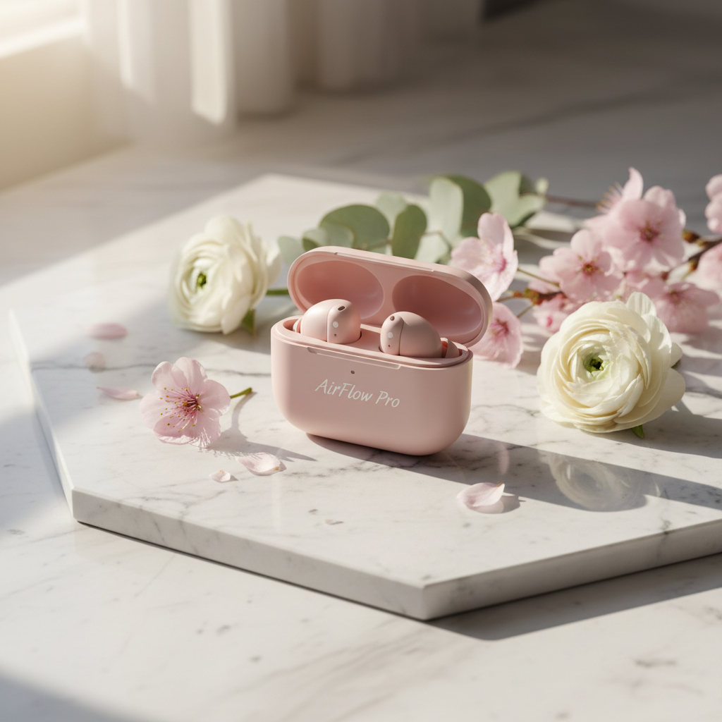 AirFlow Pro Wireless Earbuds in Blush Pink with spring flowers on marble