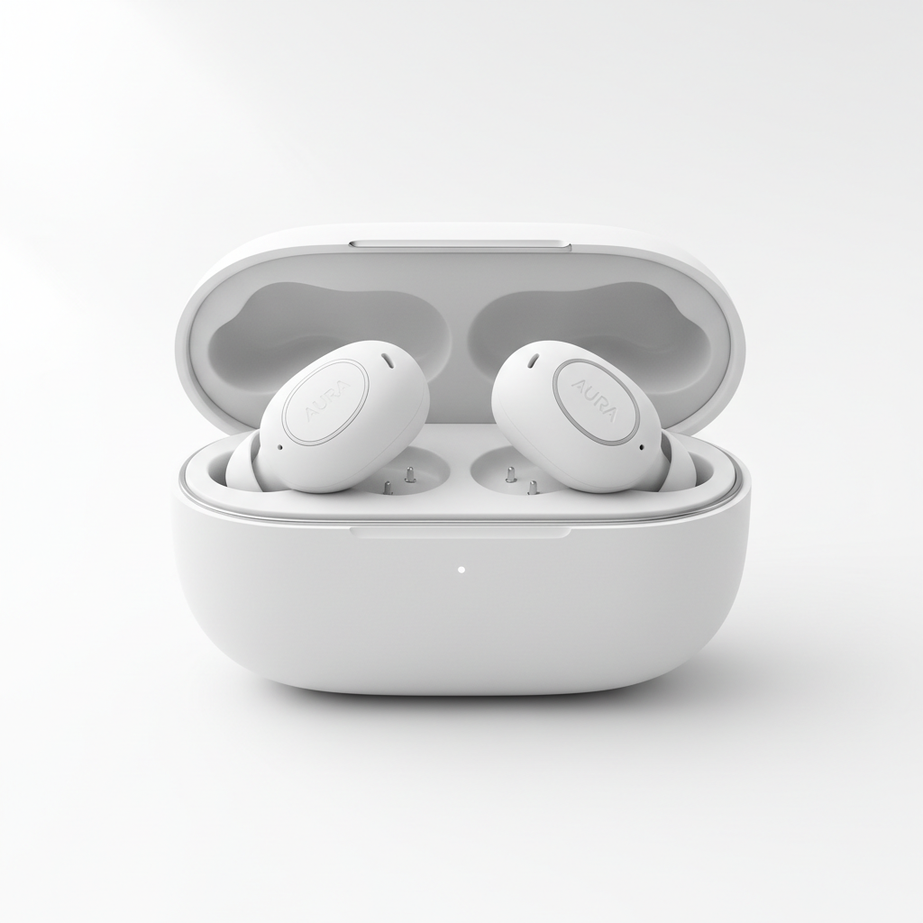 Blerokan Pro Wireless Earbuds matte white – studio product shot with charging case on white background