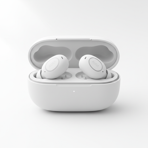 Blerokan Pro Wireless Earbuds matte white – studio product shot with charging case on white background
