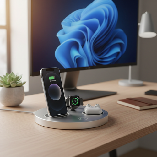 Blerokan MagSafe 3-in-1 Charging Pad – lifestyle shot with iPhone Apple Watch AirPods charging on desk