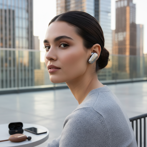 Blerokan Pro Wireless Earbuds – lifestyle shot worn by person in urban setting