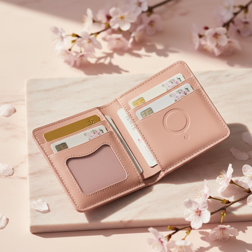Bloom MagSafe Wallet open with cards on pink marble surface with cherry blossoms