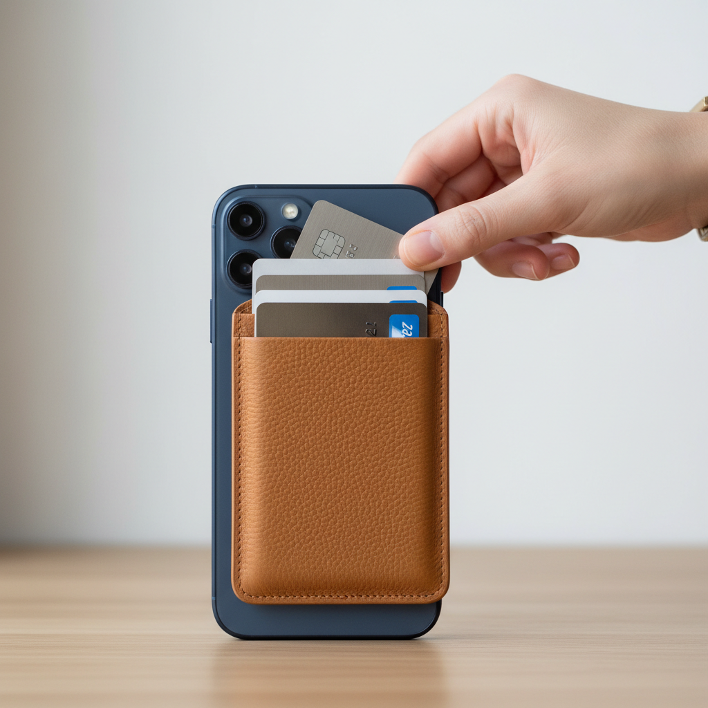 Blerokan MagSafe Leather Card Wallet Cognac Tan – lifestyle shot attached to iPhone